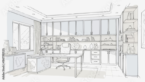 Modern Home Office Interior Design Sketch.