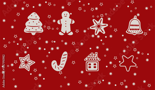 Seamless Christmas pattern with holiday icons including gingerbread man, candy cane, star, bell, tree and house on red background. Festive winter design for wrapping paper, textile, wallpaper.