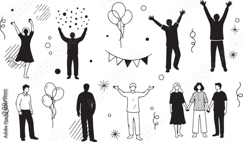 Celebration Silhouettes with Confetti and Balloons