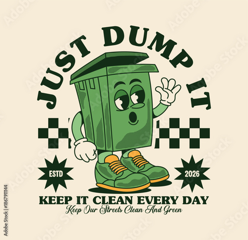 Retro cartoon trash container character mascot. Cute and funny design, perfect for sticker, print, and t-shirt design