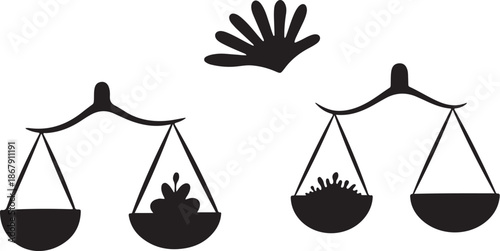 Balance scales with plants and hand silhouette on white background