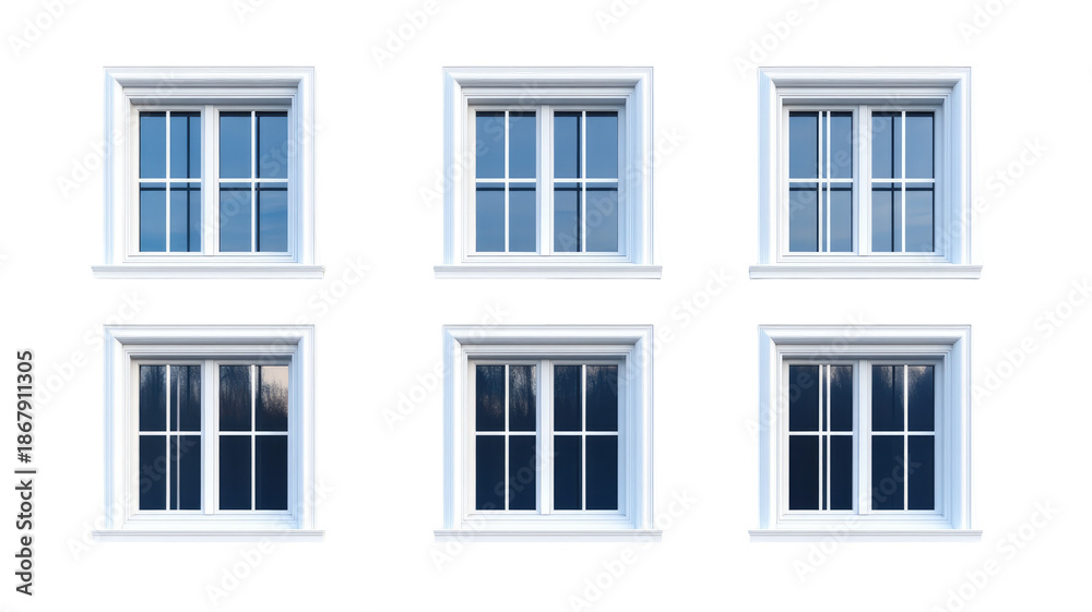 Fototapeta premium Set of six architectural windows on transparent background