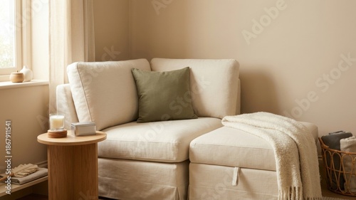 Cozy minimalist sofa with throw blanket in warm natural light