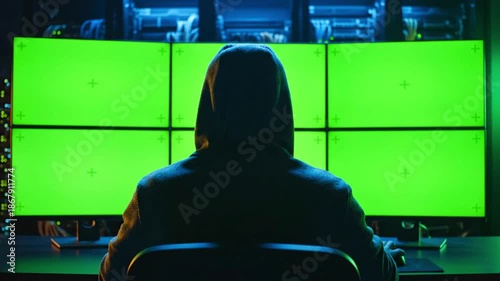 A solitary hooded person sits before a wide array of glowing green screens in a shadowy room.