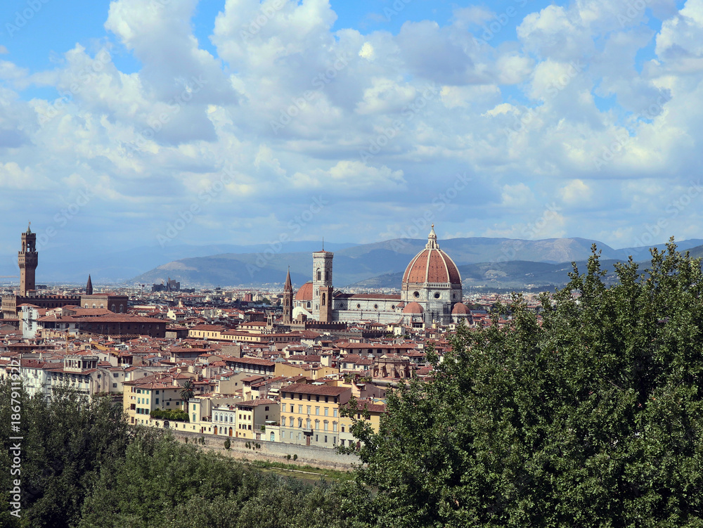 Obraz premium Panoramic aerial view of Florence, Italy with the Duomo of Santa Maria del Fiore Cathedral in the focal point. 