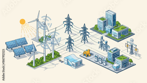 Sustainable energy infrastructure with wind turbines and solar panels in a modern industrial landscape