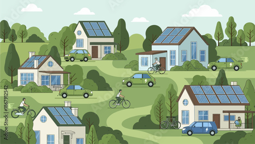 Sustainable community with solar panels and eco-friendly transportation in a serene landscape