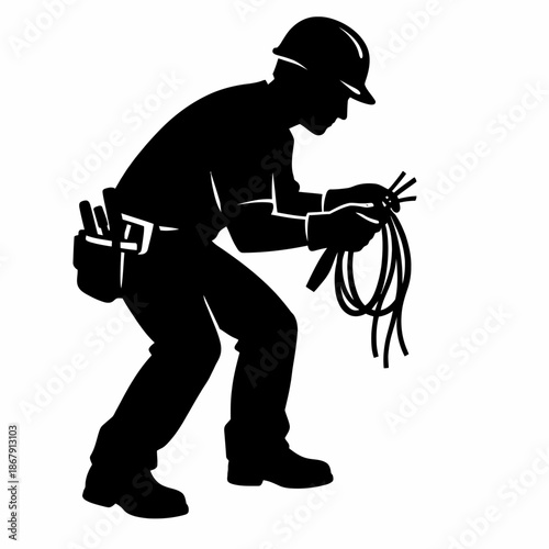 Electrician Holding Wires in Crouched Pose Black Silhouette Illustration
