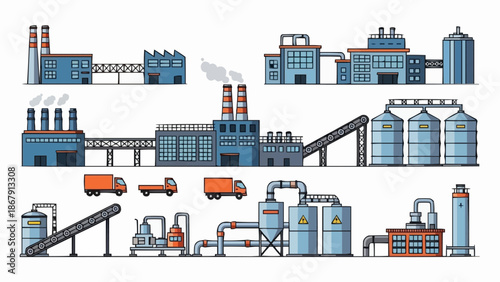 Industrial factory buildings and trucks illustration.