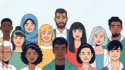 Diverse group of people standing together illustration.