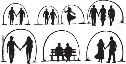 Silhouettes of couples in romantic poses under arches