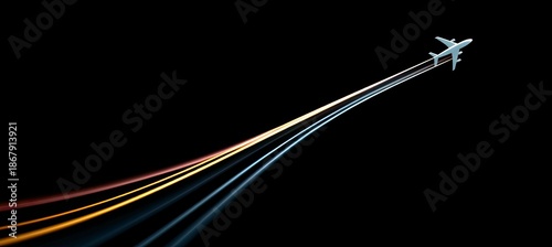 Modern jet airplane flying fast leaving vibrant light streaks in darkness