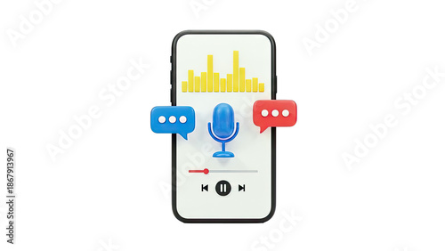 Smartphone with microphone, chat bubbles, and audio visualizer