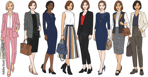 Women attire illustration, professional clothing, business casual outfits, office wear, stylish fashion, workplace attire, modern clothing, lifestyle artwork
