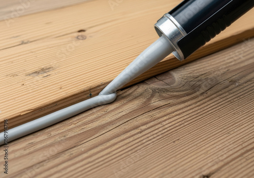 Bead of white caulk sealing gap between wooden floorboards during home renovation closeup of caulking gun applying sealant for insulation and waterproofing indoors