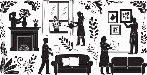 Family decorating and cleaning their home interior together