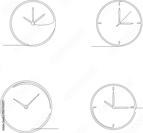 Four clocks with different times displayed in continuous one line drawing style