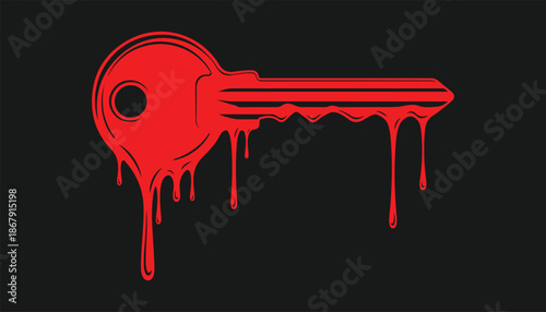 Red key with dripping blood effect isolated on transparent background