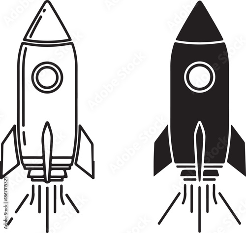 Simple rocket illustrations in black and white style for design projects