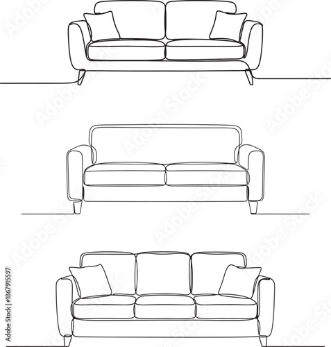 Detailed line drawings of a sofa from multiple angles