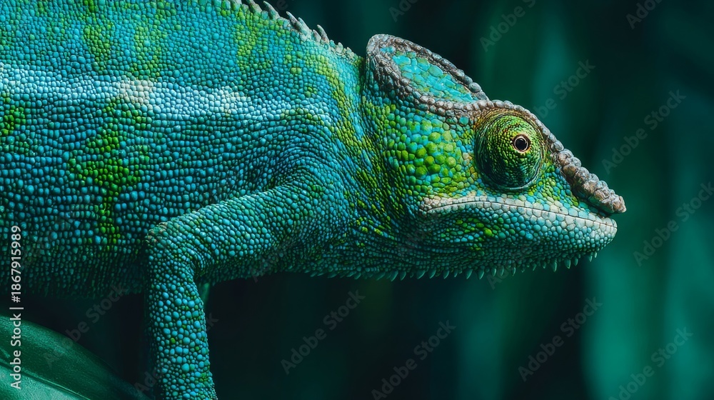 Fototapeta premium Vibrant chameleon with textured scales and detailed eye captured in a natural, leafy environment