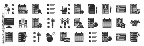 Task glyph style editable icon set collection. checklist, poll, multitasking, decision, voting, checkbox, checkmark and more. Editable stroke. Vector illustration eps 10