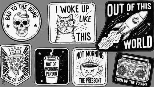 Collection of humorous stickers with retro cartoon style illustrations.