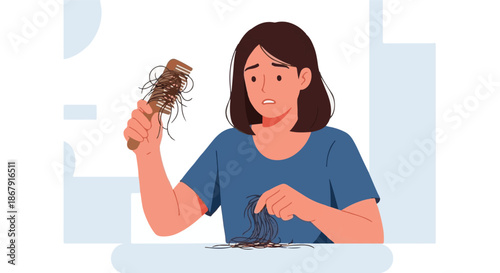 Woman concerned about hair loss, examining fallen strands in hairbrush and on surface