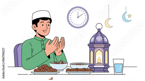 Man breaking fast during Ramadan with traditional food and lantern.