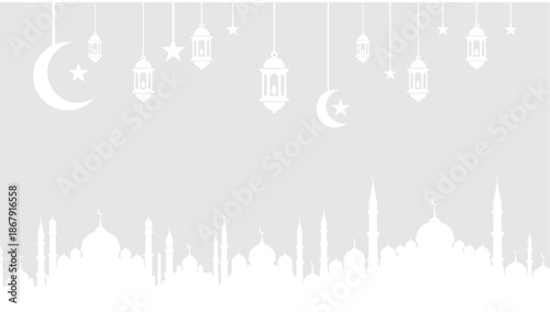 Ramadan Kareem greeting with mosque silhouettes and hanging lanterns.