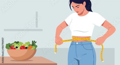 Young woman meticulously measuring her waistline, symbolizing a commitment to health, fitness, and a balanced diet, with a fresh salad bowl nearby for a wholesome lifestyle