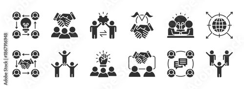 Teamwork glyph style icon. collaboration, partnership, cooperation, alliance, synergy, networking, coordination, unity, support, connection, community, togetherness vector icon collection. EPS 10