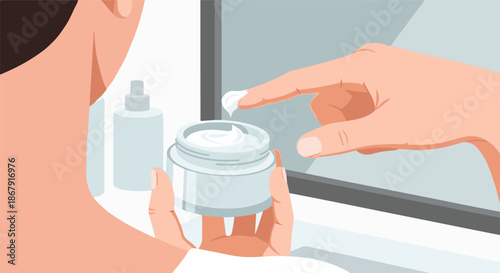 Morning Skincare Routine A Person Applying Moisturizing Cream for Healthy Skin, Emphasizing Beauty, Self-Care, and Personal Grooming Rituals for a Radiant Complexion