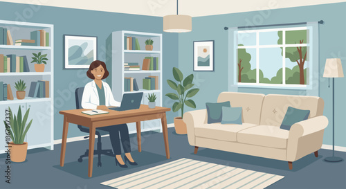 Psychiatrist Office Interior Scene
A flat vector illustration focusing on a psychiatrist’s office with desk, chair, couch, books, and calming décor. The psychiatrist is seated, waiting for a patient. 