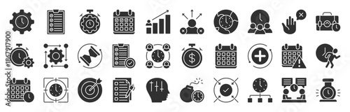 Time Management glyph style editable icon set collection. Task, manage time, planner, schedule, to-do list, calendar, delegation, reminder, timer, set priorities and more. Vector illustration eps 10