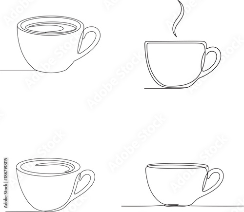 Variety of teacup illustrations in continuous one line drawing style