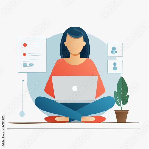 Young woman sitting cross-legged with a laptop, working on a project in a minimalist, modern setting with potted plant and icons symbolizing networking and tasks