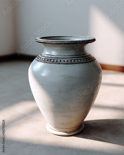 Elegant Ceramic Vase with Intricate Designs and Soft Natural Lighting