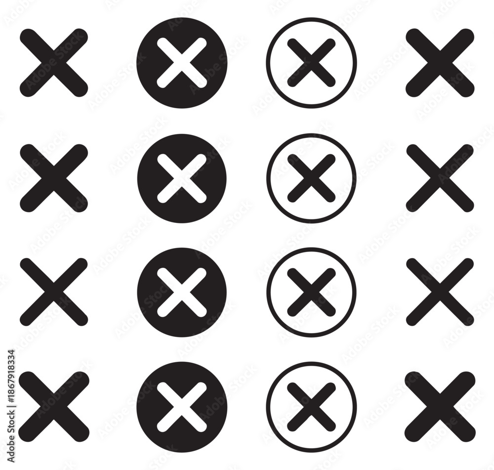 Fototapeta premium Modern graphic UI icon set featuring cancel and close symbols for web and app design