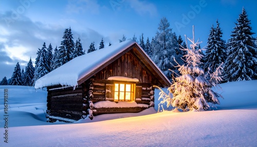 Snowy winter cabin scene, glowing window, nestled among snow-covered trees at dusk