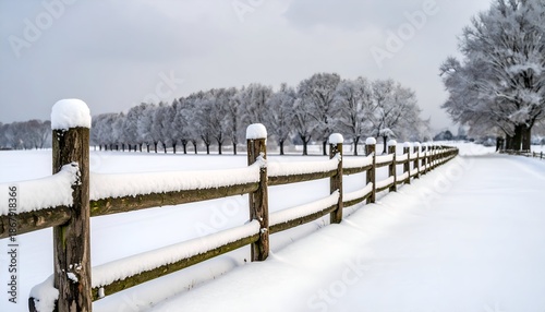 A snow-covered field with a wooden fence leading to a line of frosted trees, under a gray sky