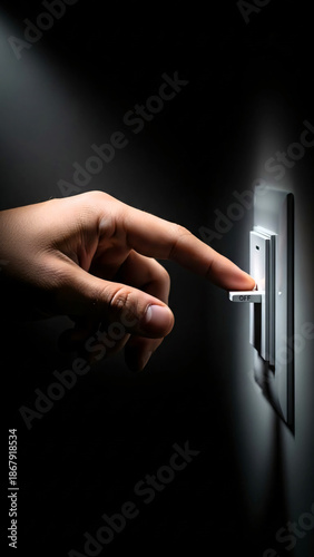 Finger reaching for light switch in dark room representing Earth Hour  