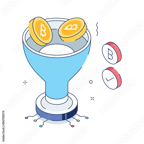 Creative isometric illustration of bitcoin funnel investment concept