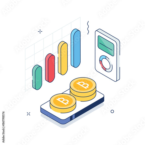 Visually appealing isometric illustration of bitcoin growth analytics