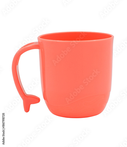 Close up, empty coral pink plastic mug cup, with beautiful design handle resembling fish tail, can be with both hot and cold drinks such as coffee tea milk, isolated object on transparent background.