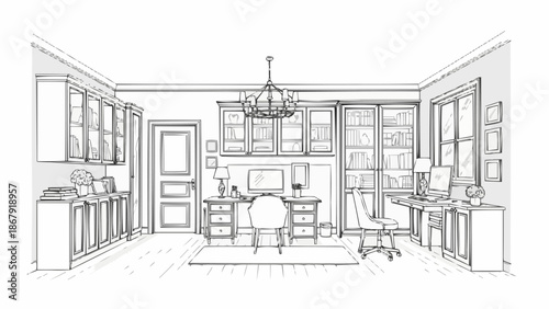 Interior design sketch of a modern home office space.
