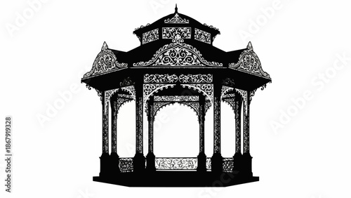 Ornate Victorian Gazebo Silhouette with Intricate Details.