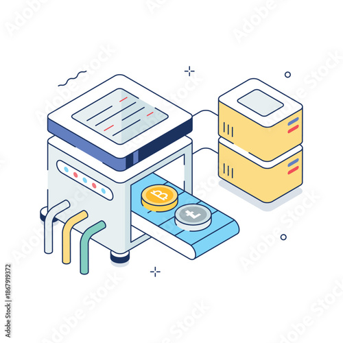 Modern isometric illustration showing crypto blockchain system