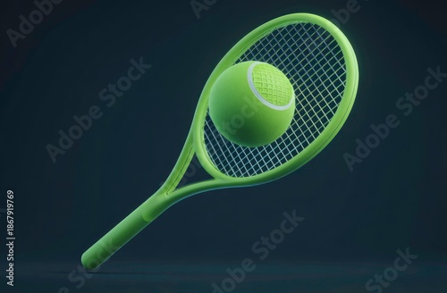 Vibrant Green Tennis Racket and Ball on Dark Background