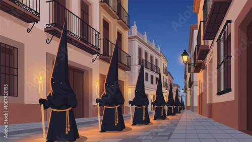 Penitents walking down a street. Black hooded figures with candles. Catholic tradition. Nighttime procession. Spanish architecture. City buildings. Lanterns. Blue evening sky. Religious